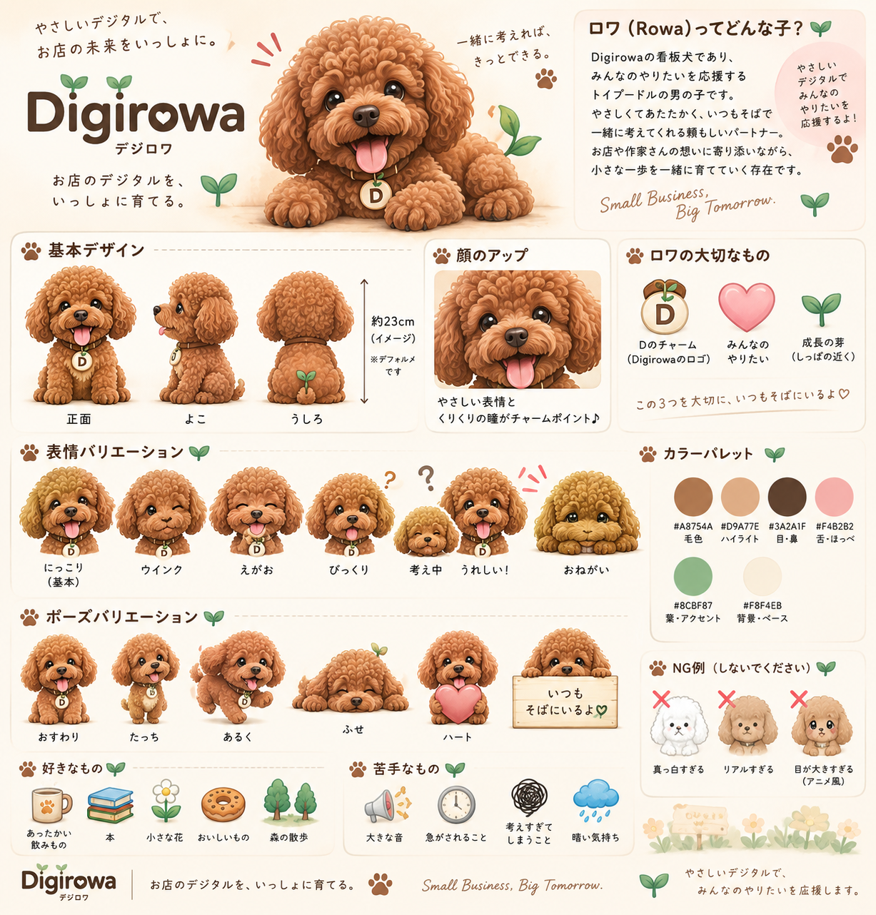 Digirowaの看板犬ロワ。茶色のふわふわしたトイプードルが、Dのチャームをつけて微笑んでいます。